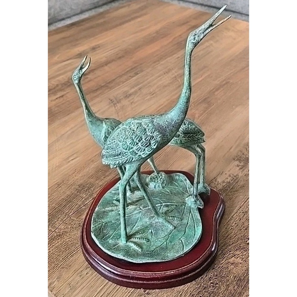 VTG Cast Bronze CRANES Sculpture Lily Pad Base Asian Statue Fine Art Birds